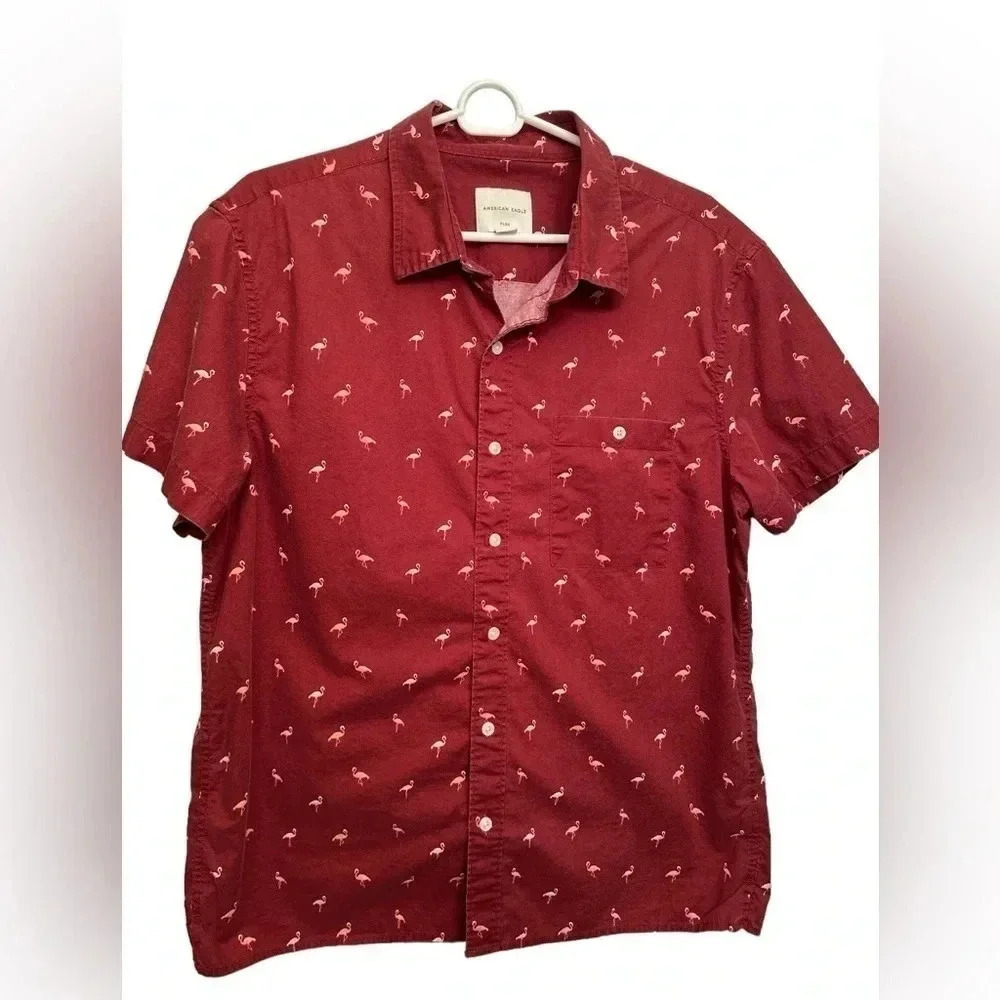 American Eagle short sleeved burgundy with flamingo print shirt